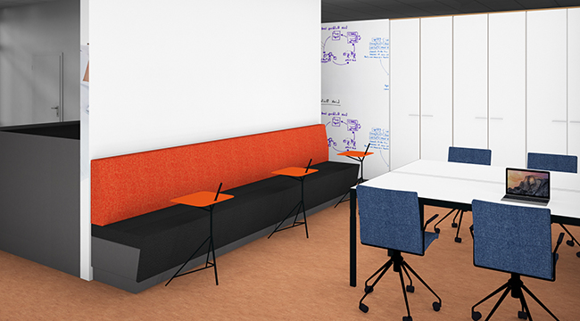 Een 3D render van de lerarenruimte met X-Ray Spin bureaustoelen aan de Trigon tafels.